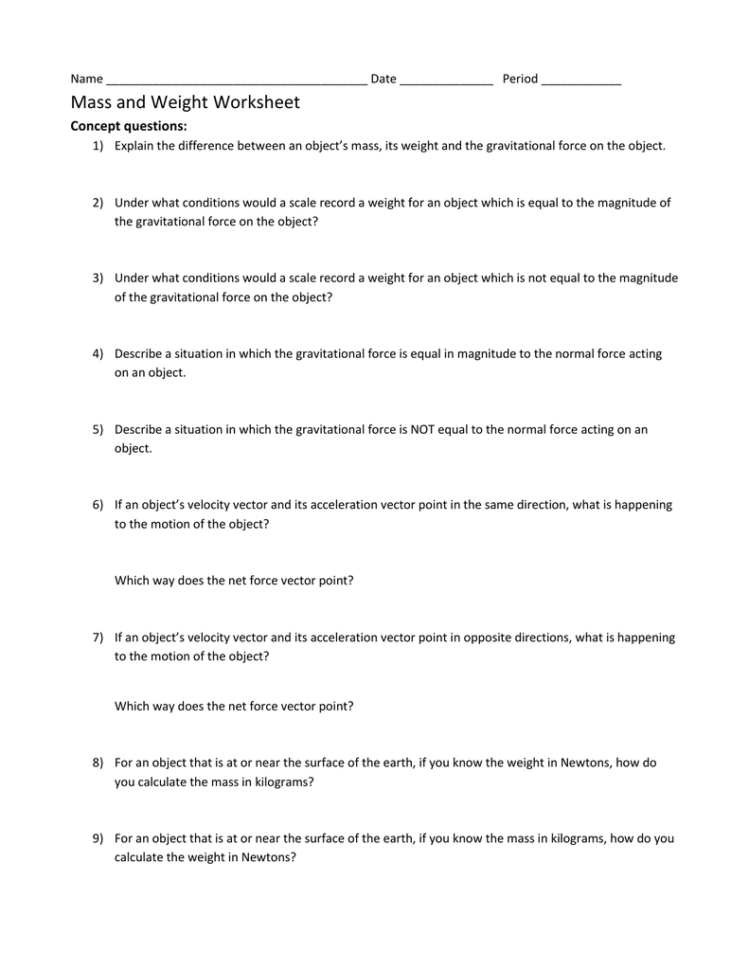 Mass And Weight Worksheet