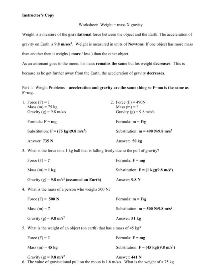 Mass And Weight Worksheet Answers  Soccerphysicsonline Mass And Weight Worksheet Answers  Soccerphysicsonline