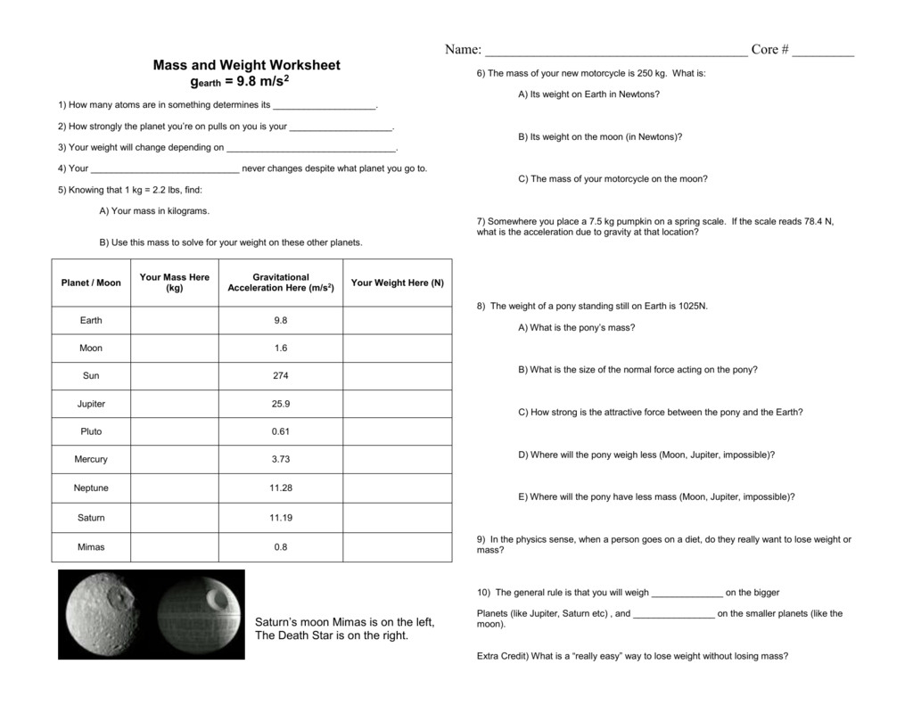 Mass And Weight Worksheet Answers  Soccerphysicsonline