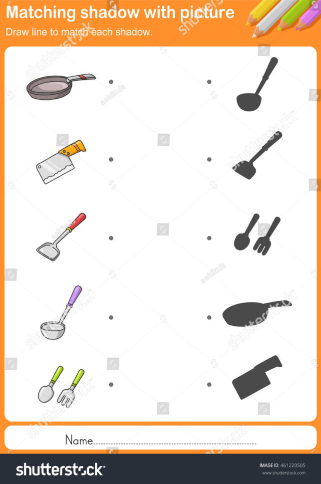 Match Kitchen Tools Shadow Worksheet Education Stock Vector