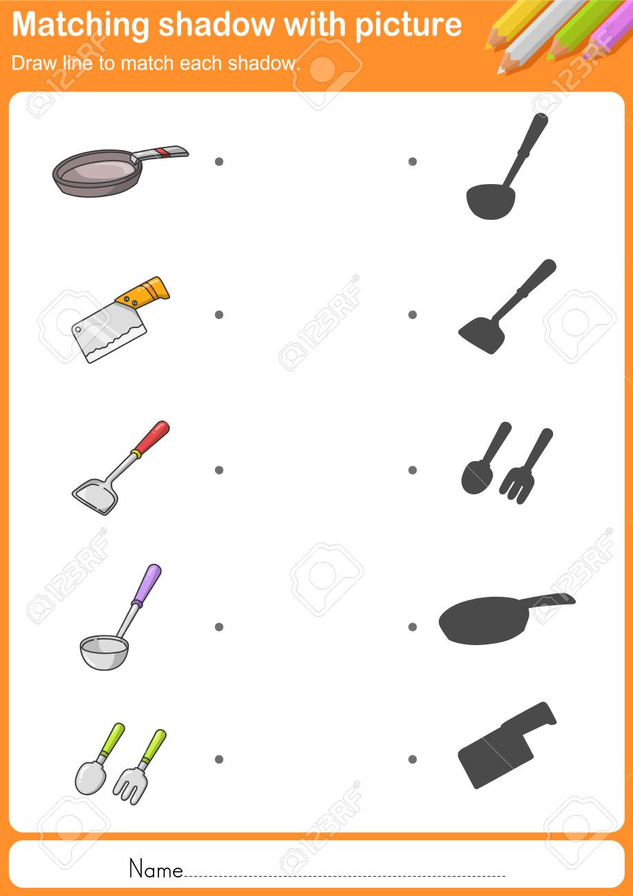 Match Kitchen Tools With Shadow  Worksheet For Education