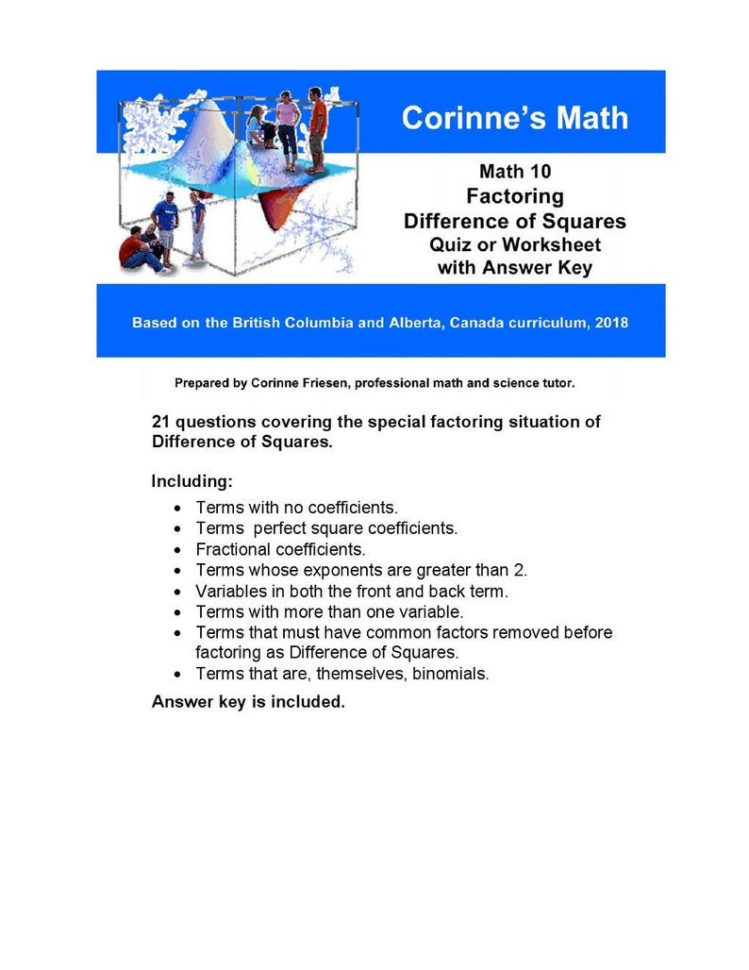 Math 10 Factoring Difference Of Squares  Quiz Or Worksheet With Answer Key