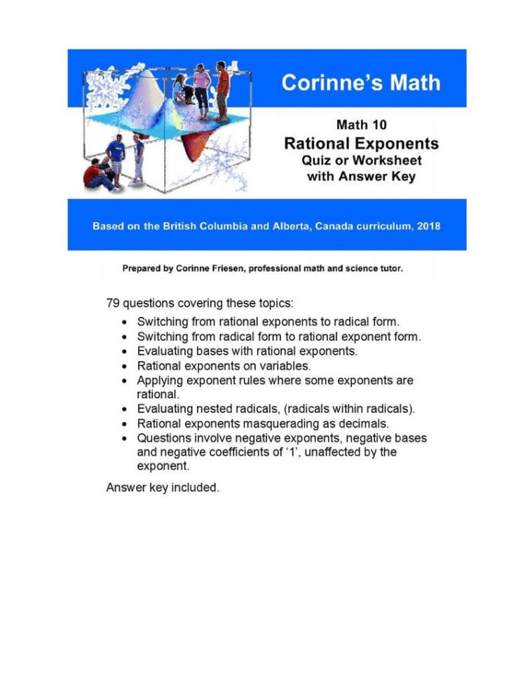 Math 10 Rational Exponents Quiz Or Worksheet With Answer Key