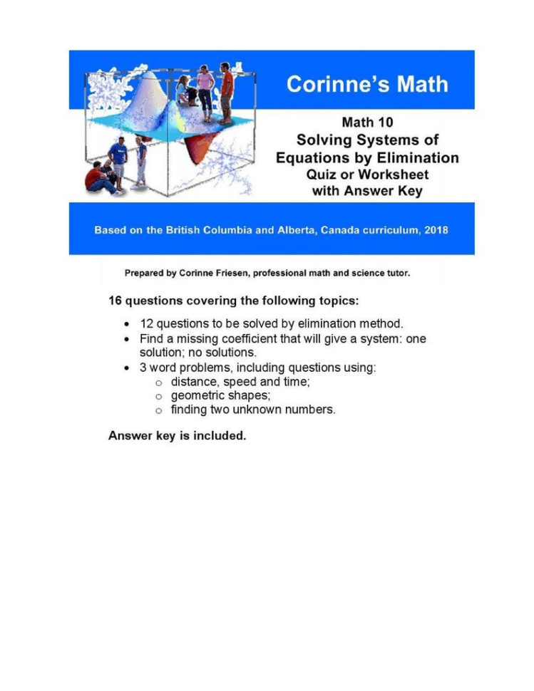 Math 10 Solving Systems Of Equationselimination Quiz Or Worksheet  With Answer Key