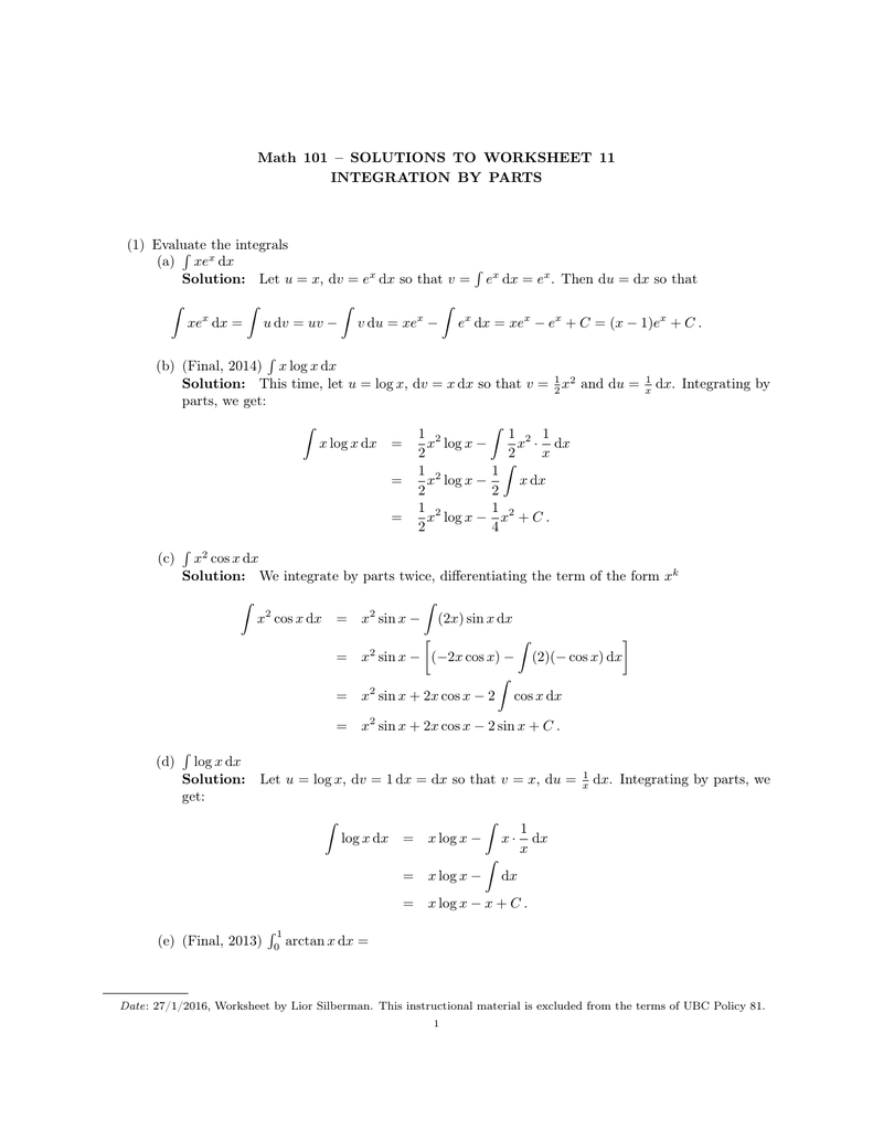 Math 101 – Solutions To Worksheet 11 Integrationparts ´