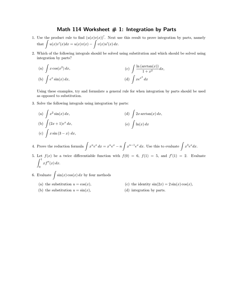 Math 114 Worksheet  1 Integrationparts