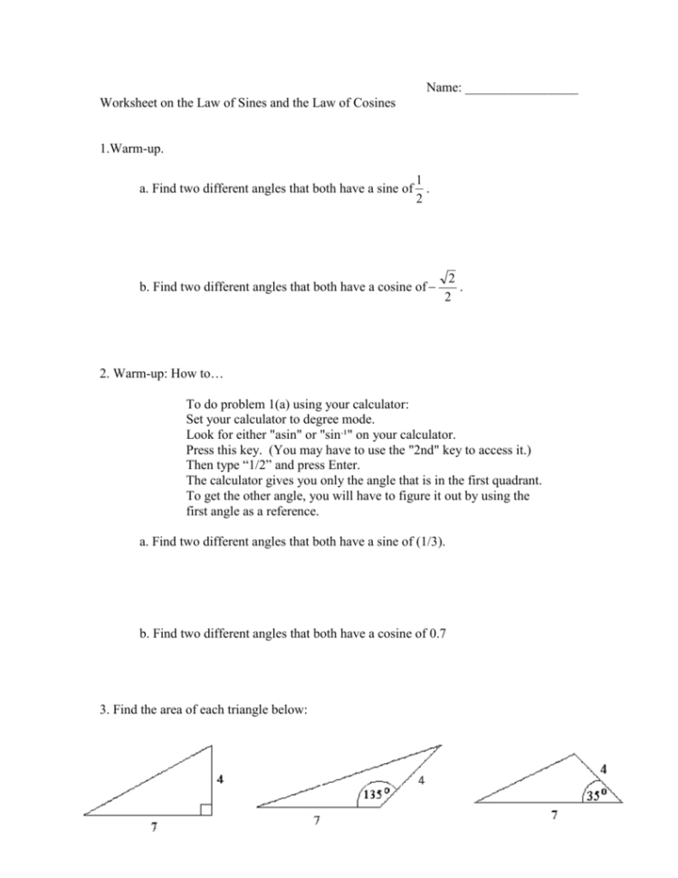 Math 132 Worksheet On The Law Of Sines And The Law Of Cosines