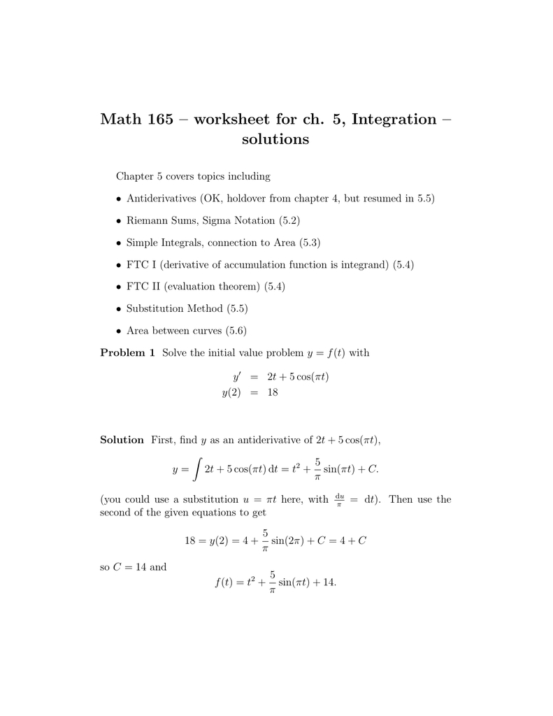 Math 165 – Worksheet For Ch 5 Integration – Solutions