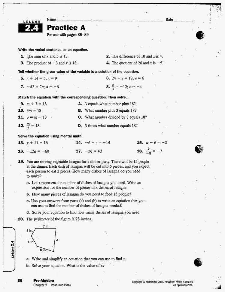 Math 8Th Grade Pre Algebra Worksheets  Printable Worksheet