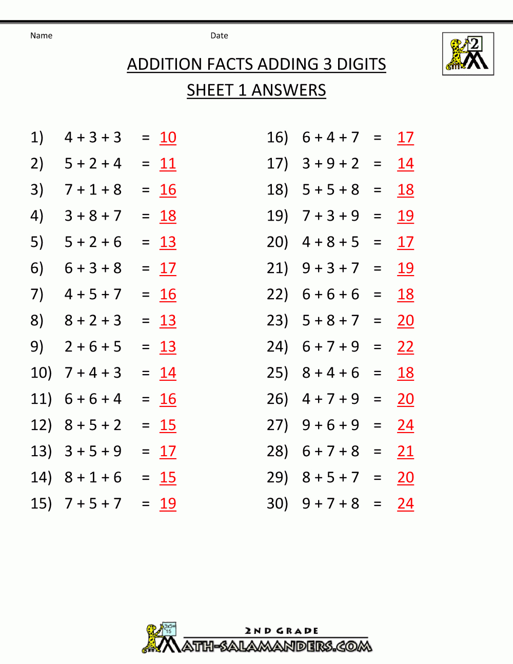 Math Addition Facts To 2020