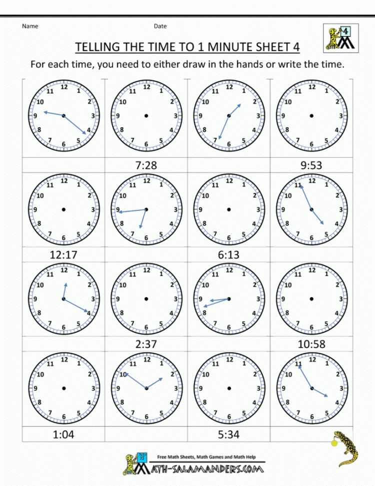Math  Clock Worksheets To 1 Minute Printable Time Telling