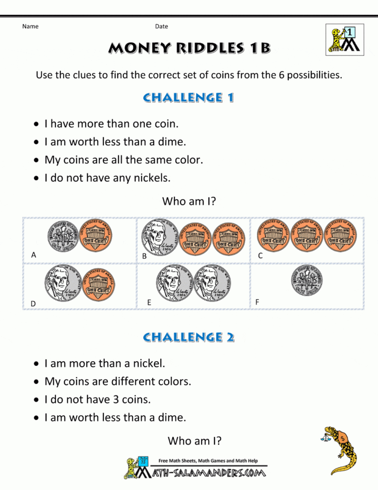 Math Money Worksheets 1St Grade Money Riddles
