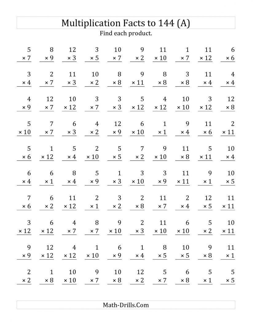 Math  Multiplication Facts To 144 No Zeros A Multiplication