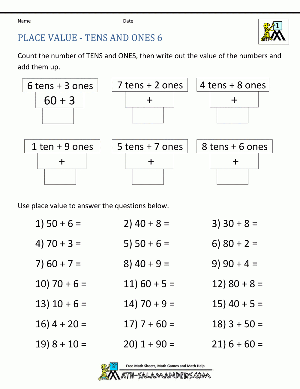 1st Grade Math Place Value Worksheets