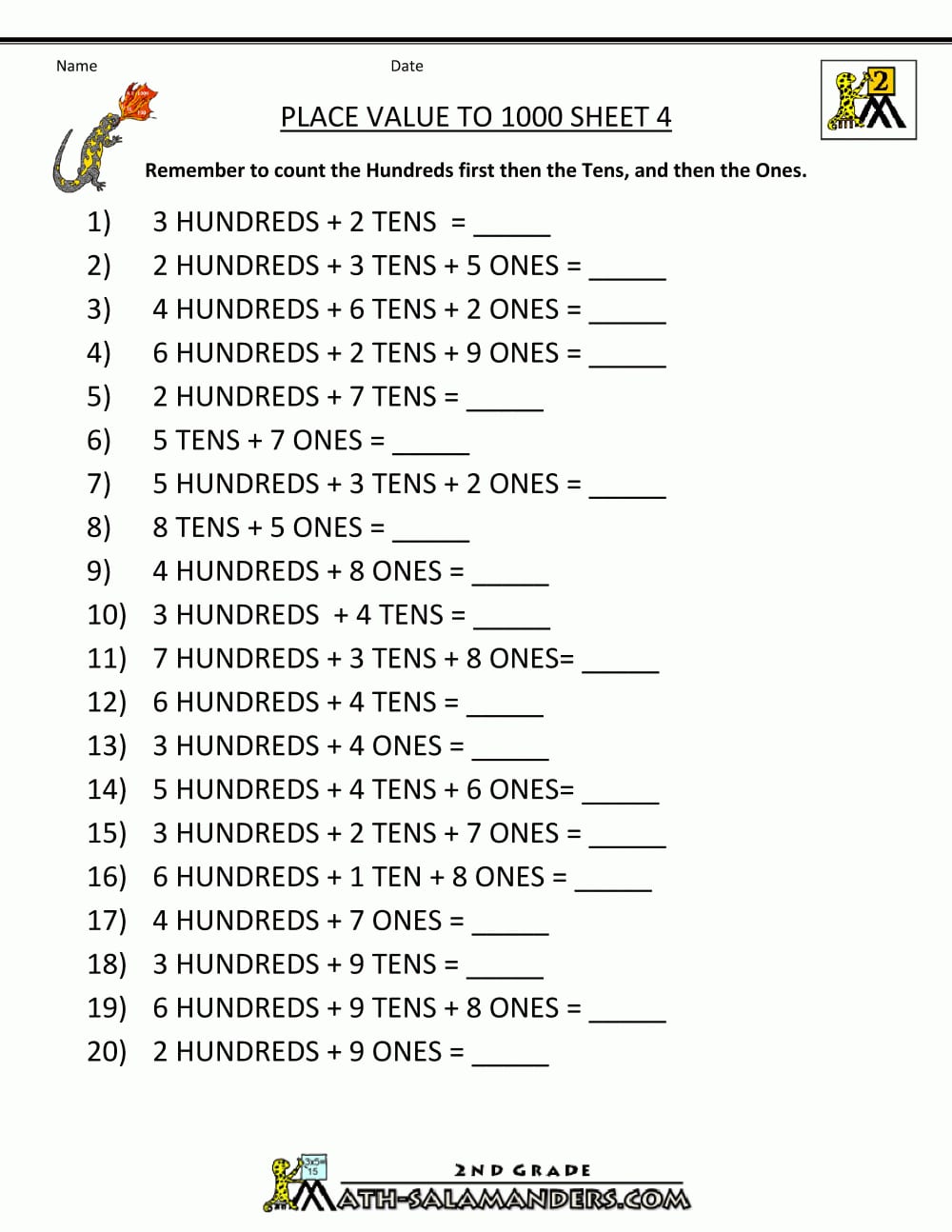 Math Place Value Worksheets To Hundreds