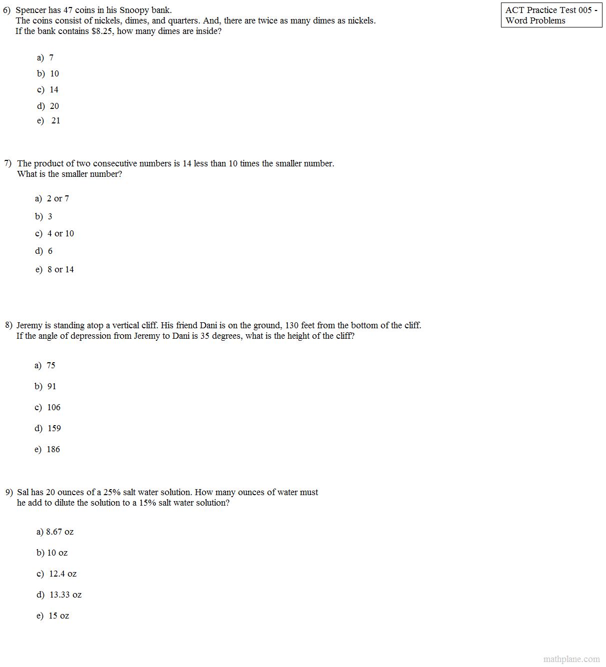 Math Plane  Act Practice Test 5  Word Problems