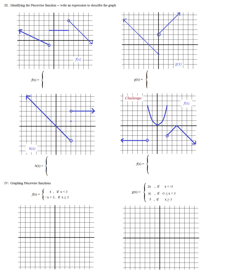 Piecewise Functions Worksheet 1 Answers