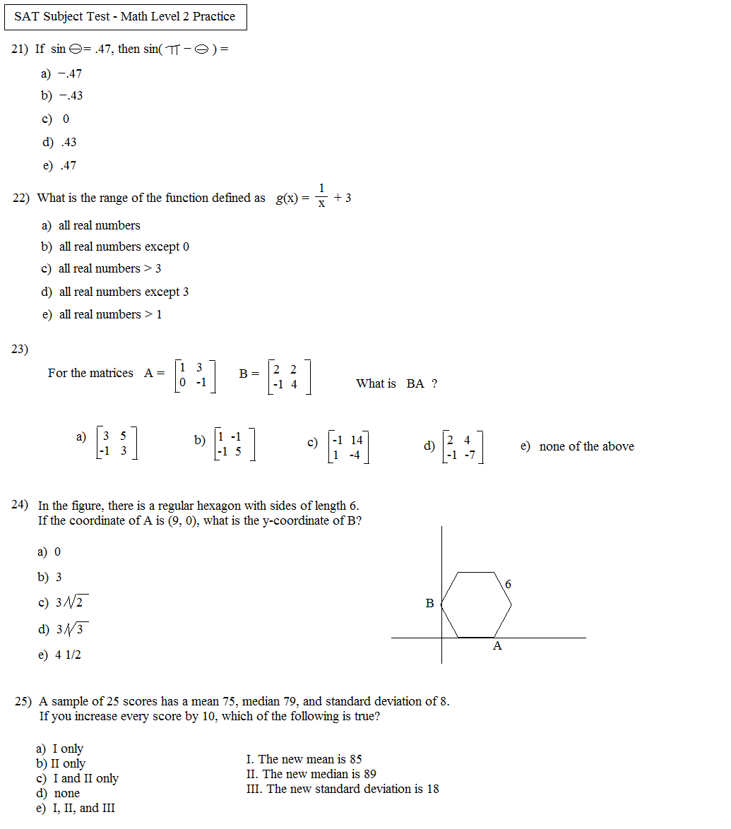 Math Plane  Sat Subject Test  Math Level 2 Practice Test A