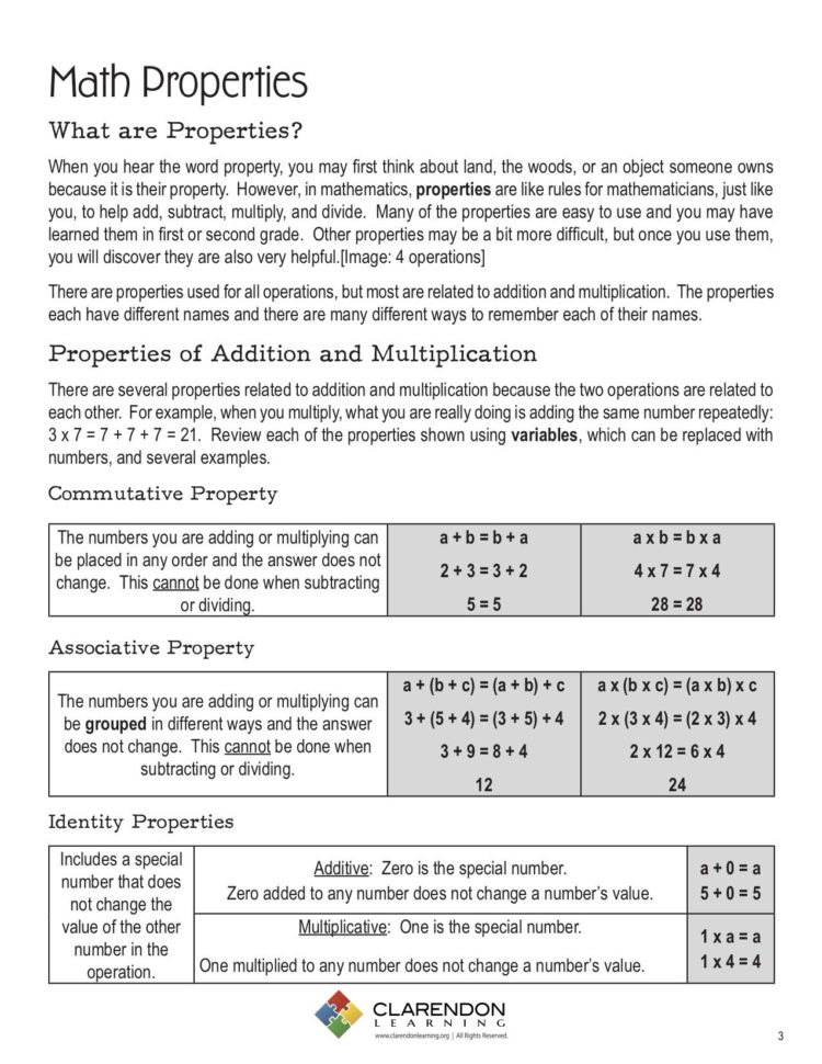 Math Properties Worksheet — db-excel.com