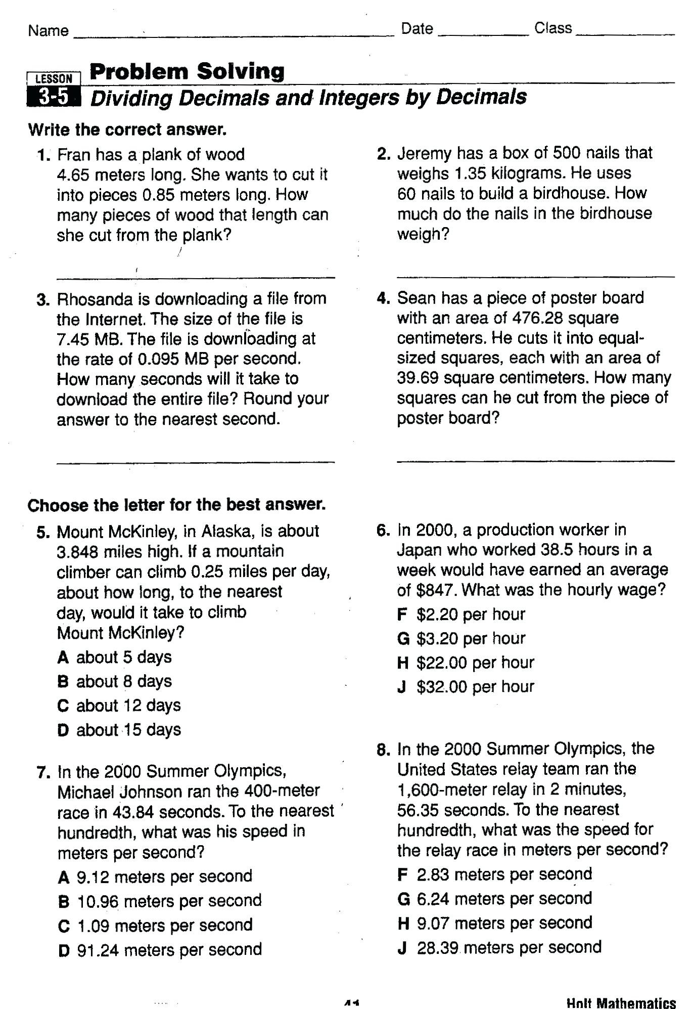 7th Grade Integers Worksheet