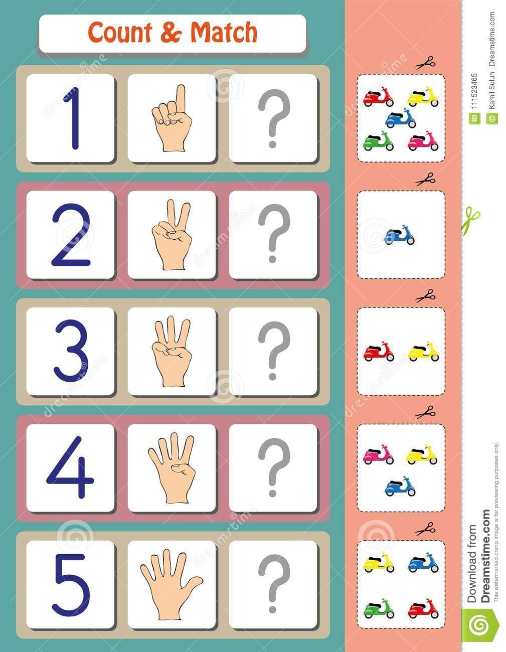 math worksheet for kindergarten kids count and match stock