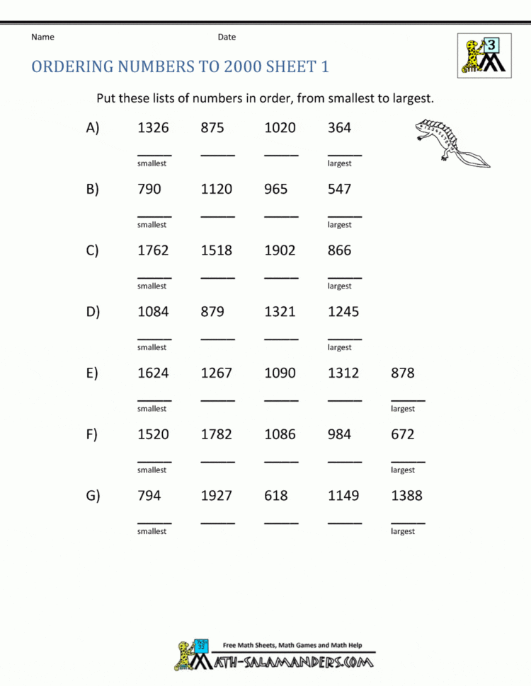Math Worksheets 3Rd Grade Ordering Numbers To 10000