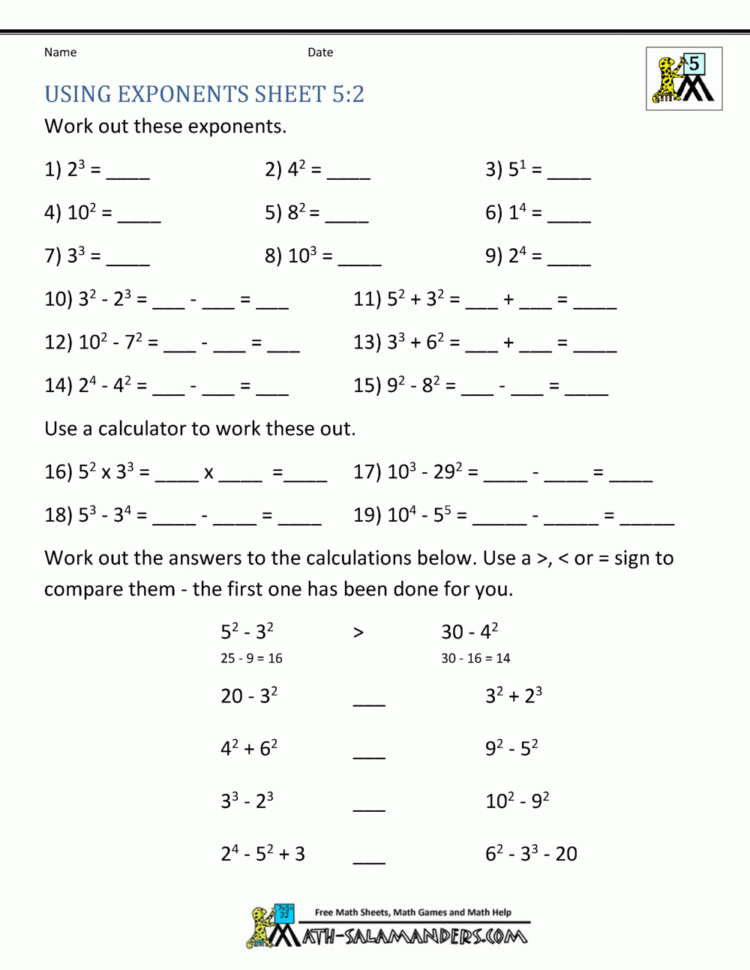 Math Worksheets 5Th Grade Exponents And Parentheses