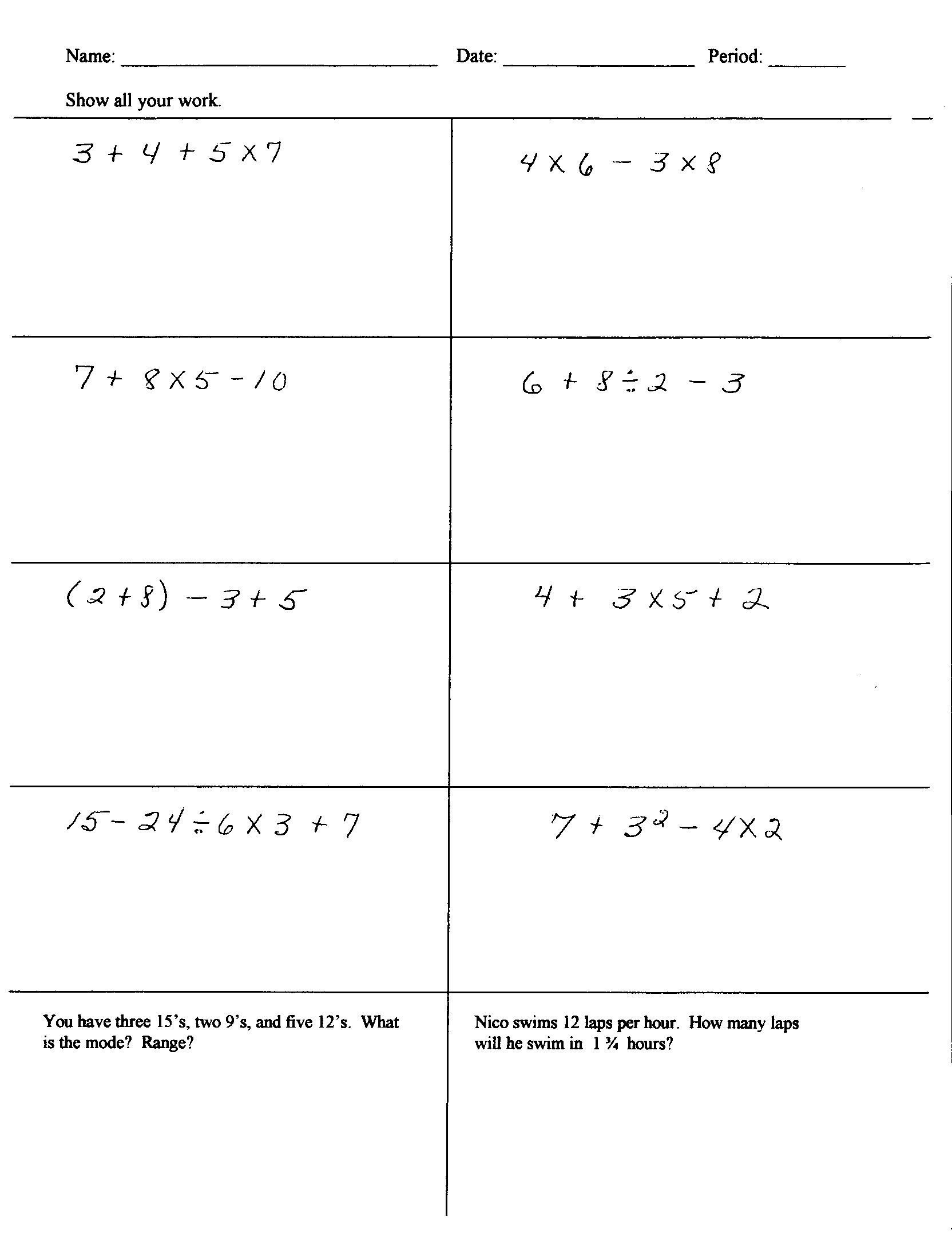 6th grade math worksheet