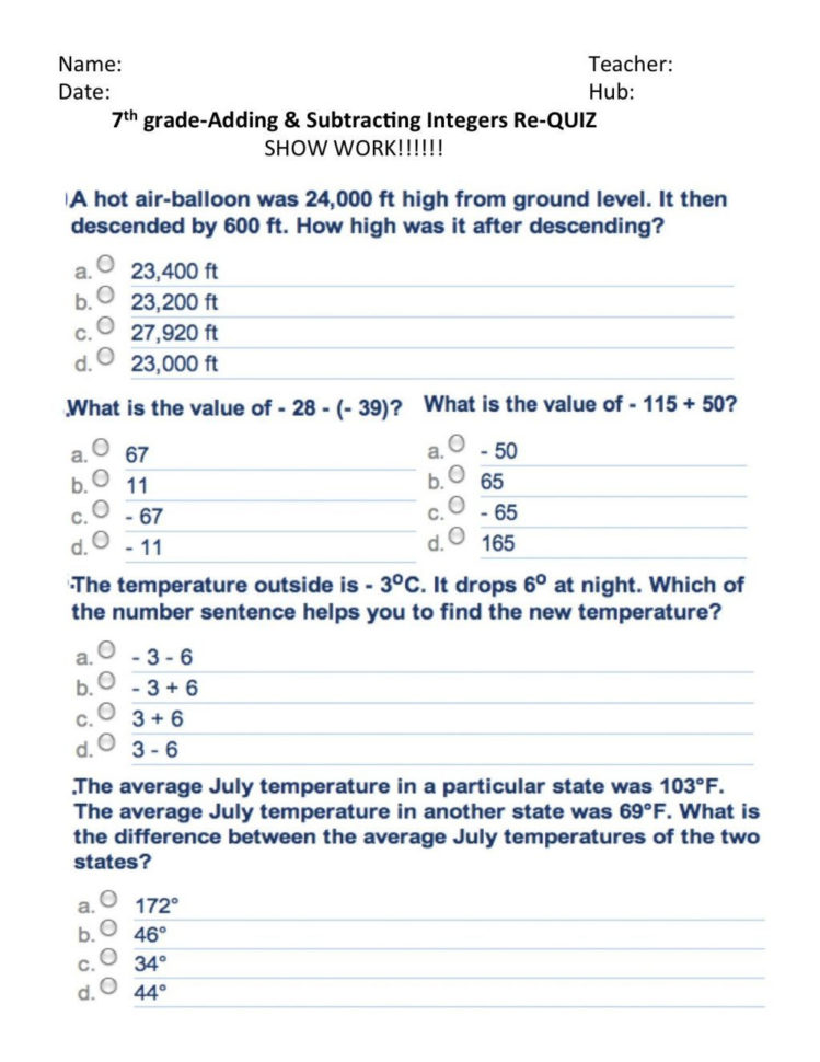 Math Worksheets Adding And Subtracting Integers With Answers