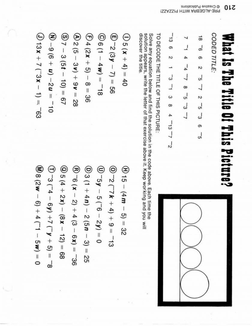 Math Worksheets Algebra With Pizzazz Worksheet Answers Free