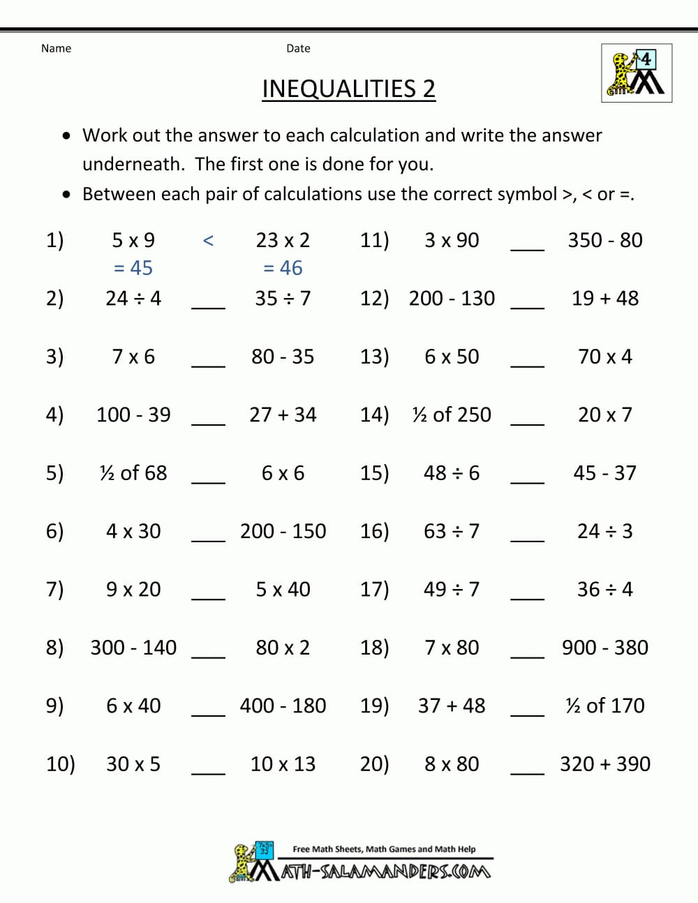 Equality In Math Worksheets