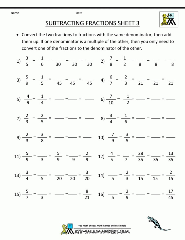 Math Worksheets For 5Th Grade Fractions Printable
