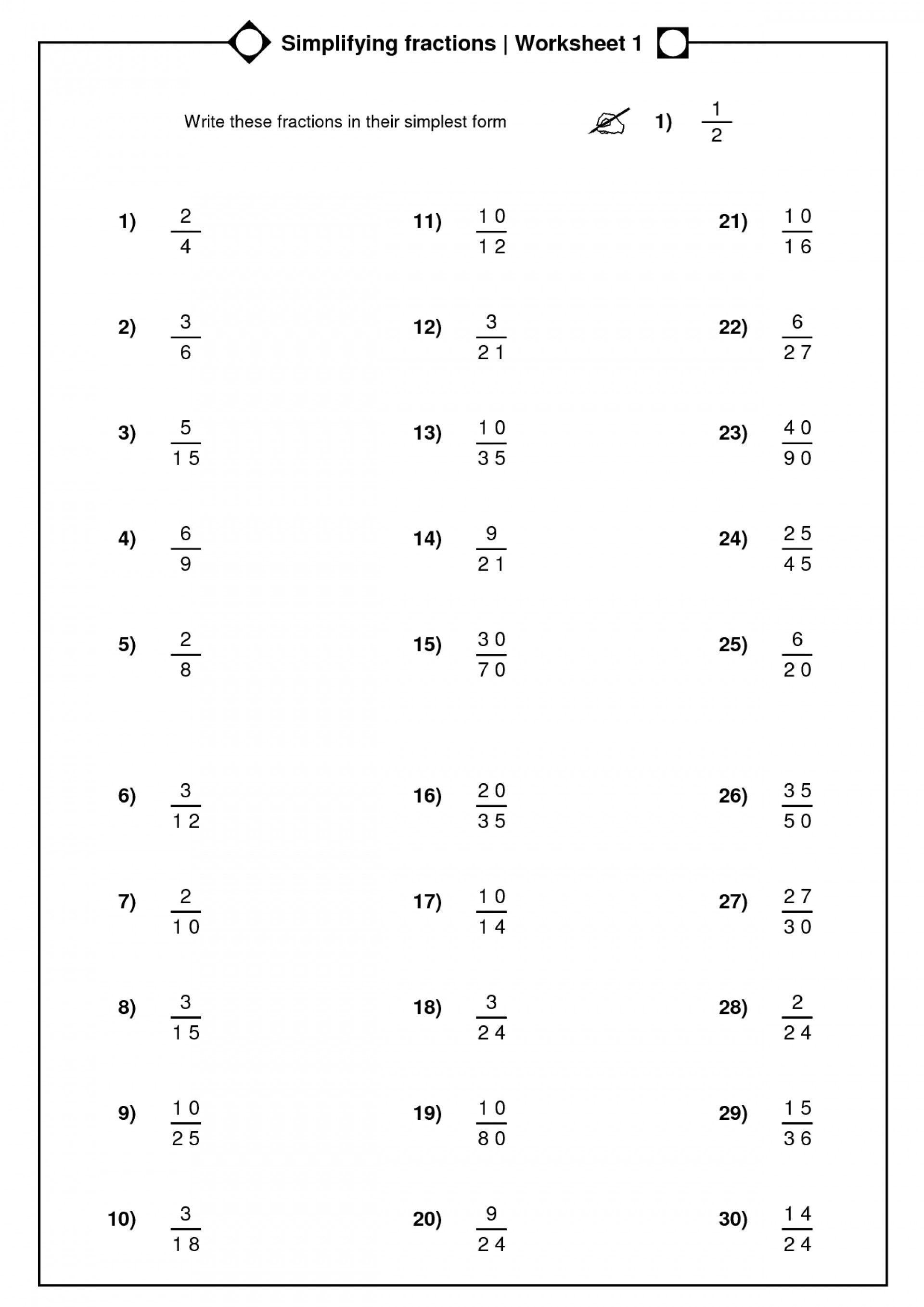 Math Worksheets Free Reducing Fractions Simplest Form