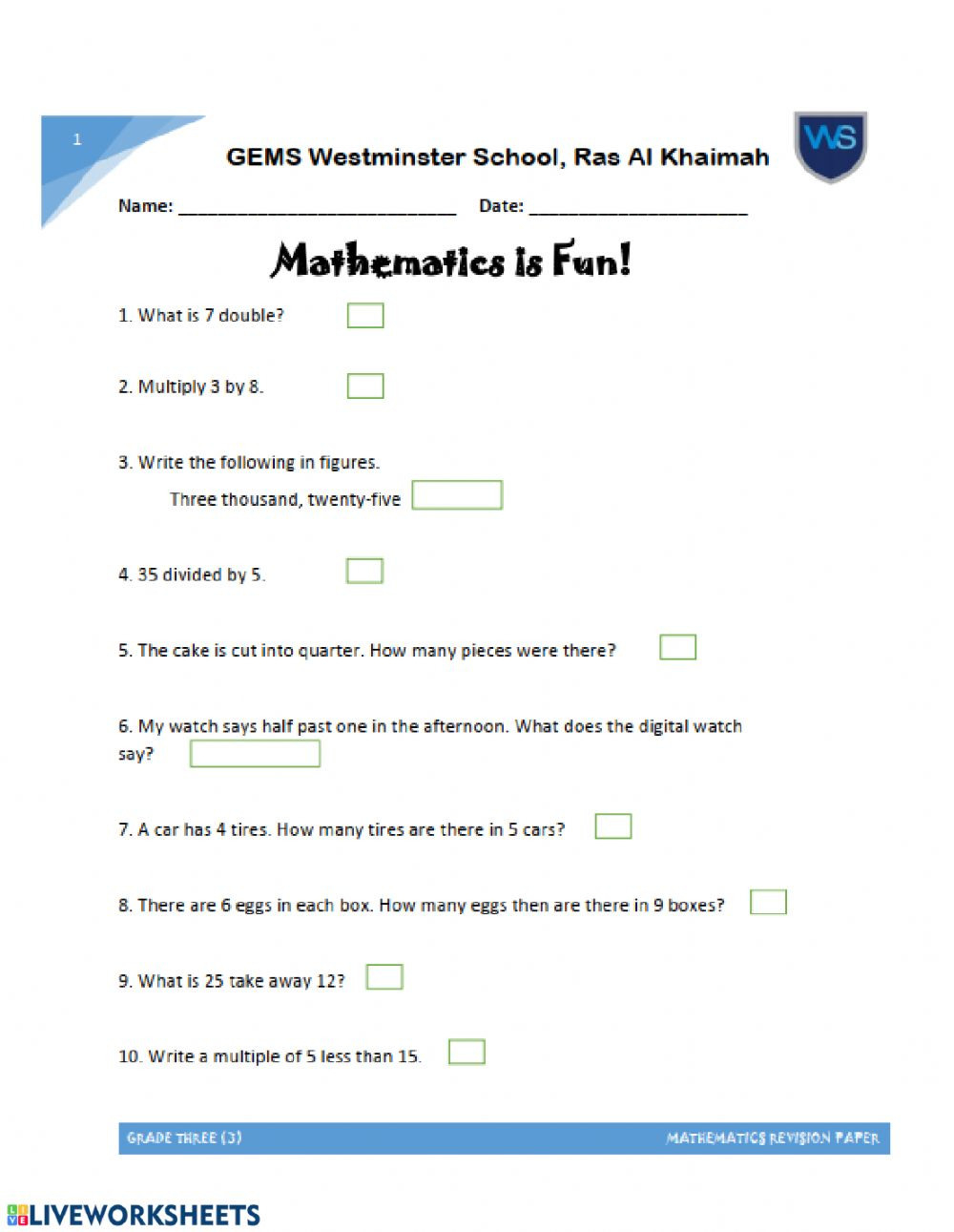 Maths Assessment Practice  Interactive Worksheet