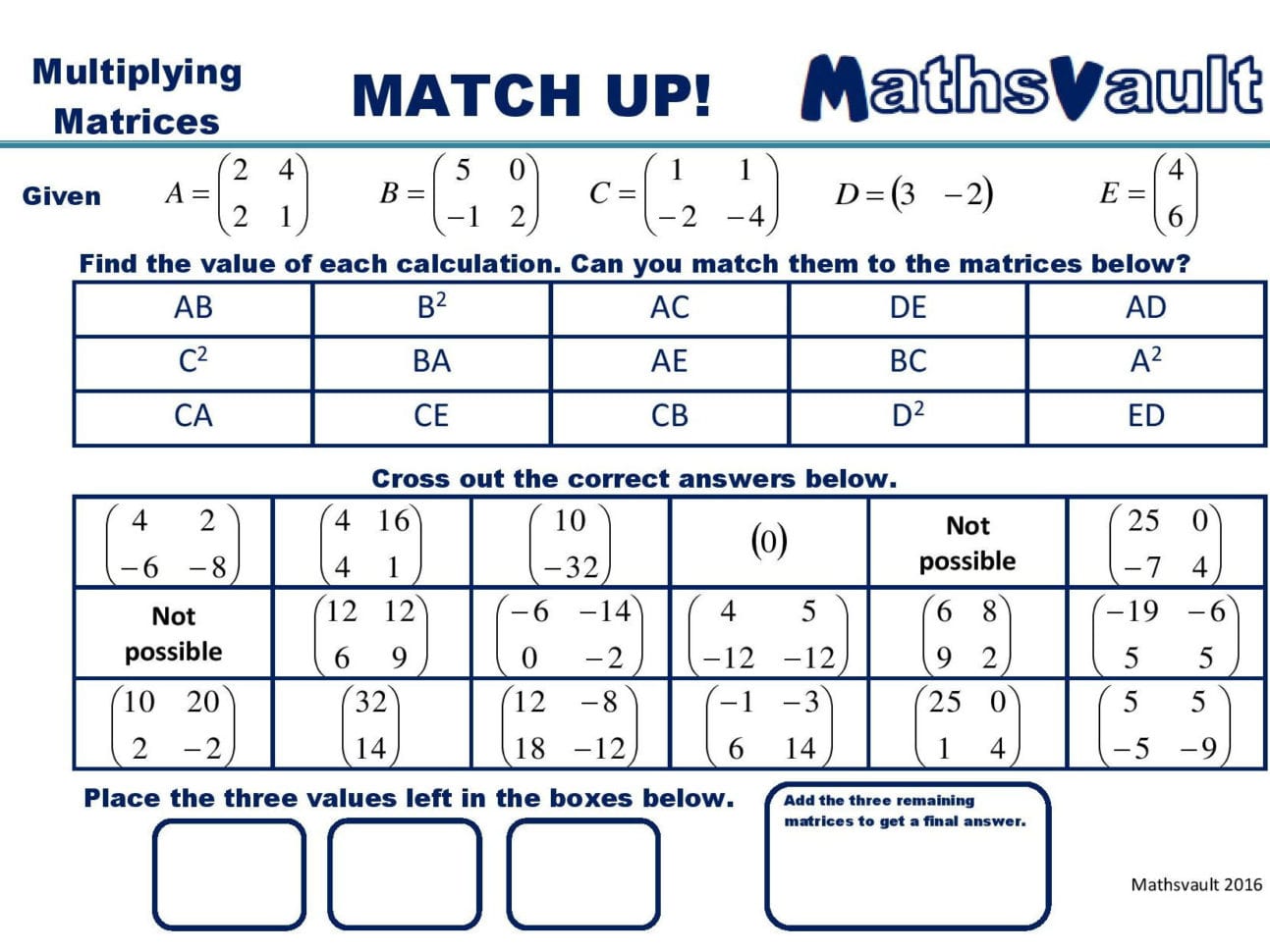 Matrix Equations Match Up Worksheet