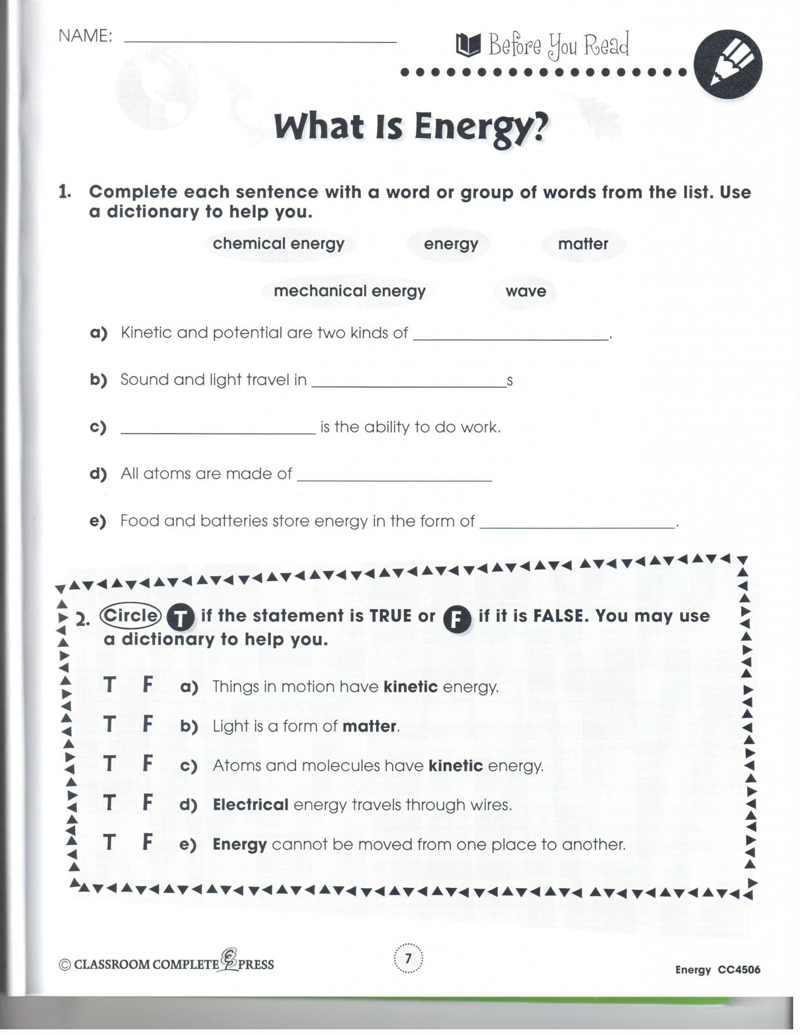 Matter And Energy Worksheet Answers