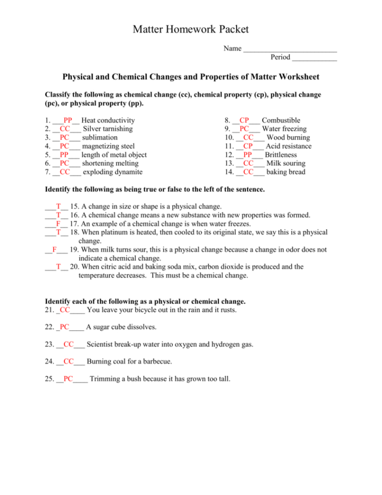 Matter Homework Packetkey