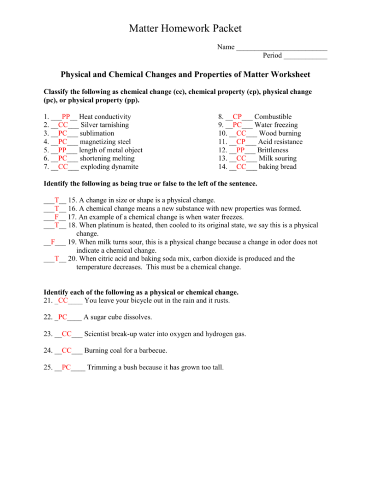 Classification Of Matter Worksheet