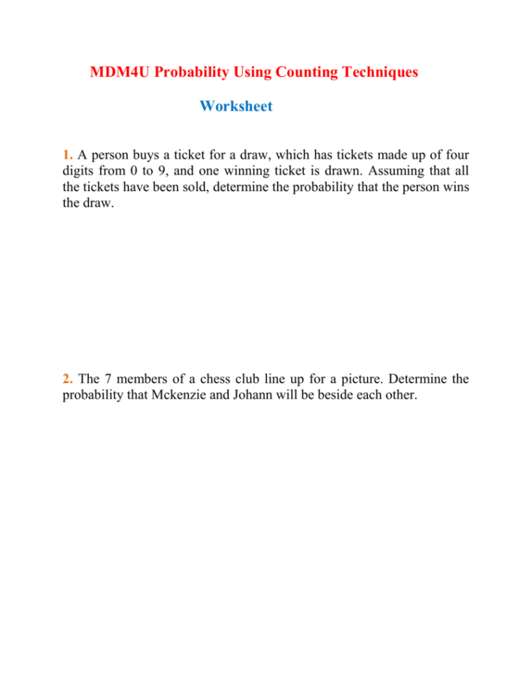 Mdm4U Probabilities Using Counting Techniques Worksheet