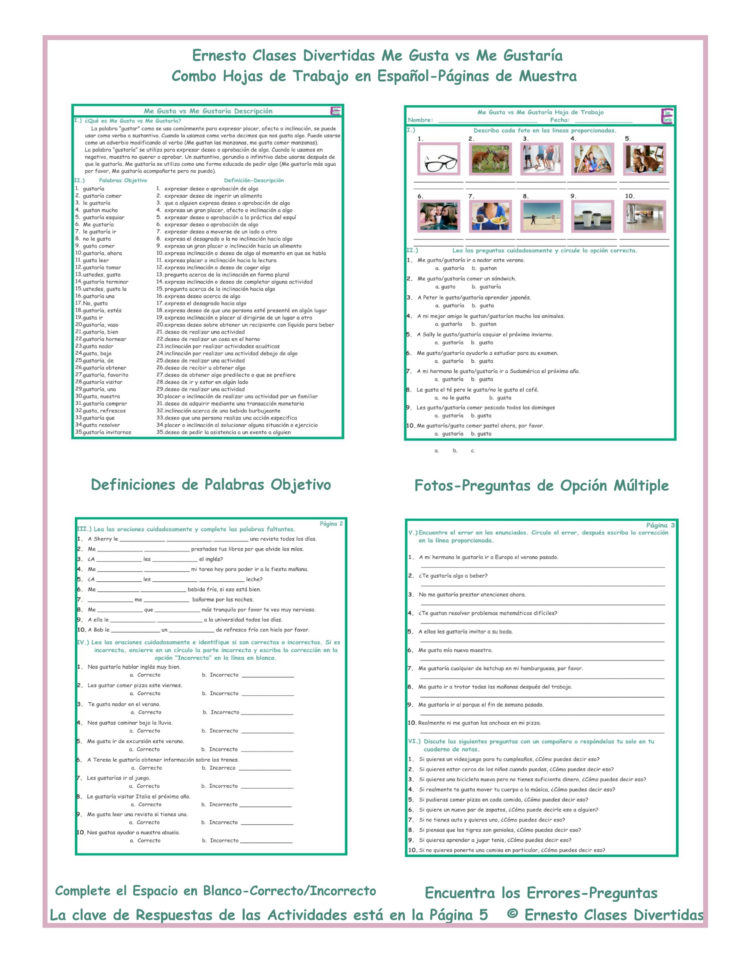 Me Gusta Vs Me Gustaría Combo Activities Spanish Worksheets