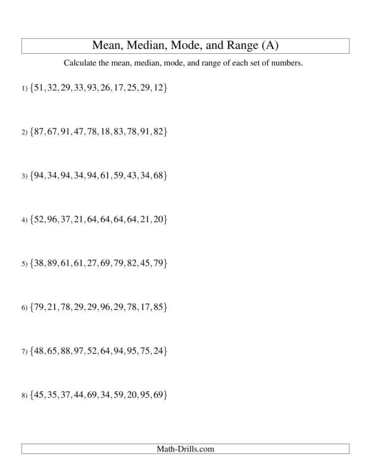 Mean Median Mode And Range  Unsorted Sets Sets Of 10