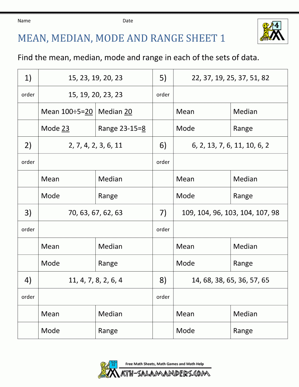 Mean Median Mode Range Worksheets