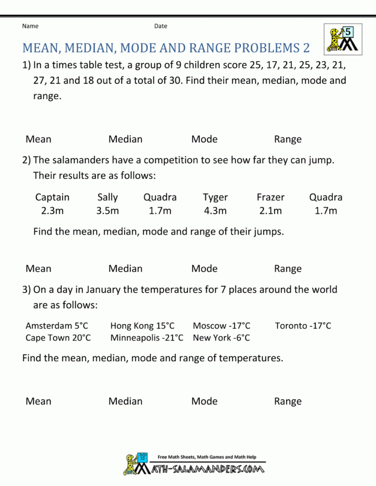 Mean Median Mode Range Worksheets