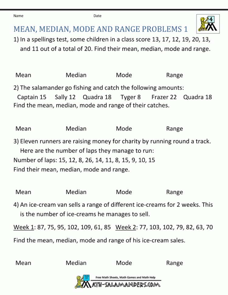 Mean Median Mode Range Worksheets
