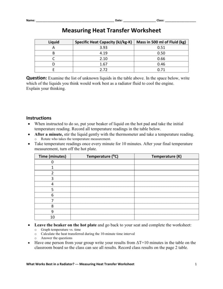 Measuring Heat Transfer Worksheet