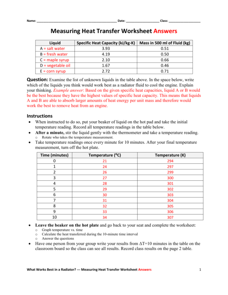 Measuring Heat Transfer Worksheet Answers