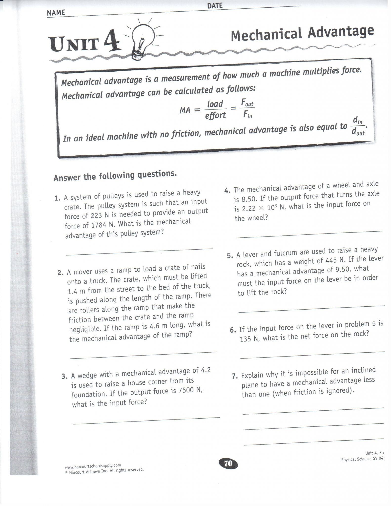 Mechanical Advantage And Efficiency Worksheet Answer Key