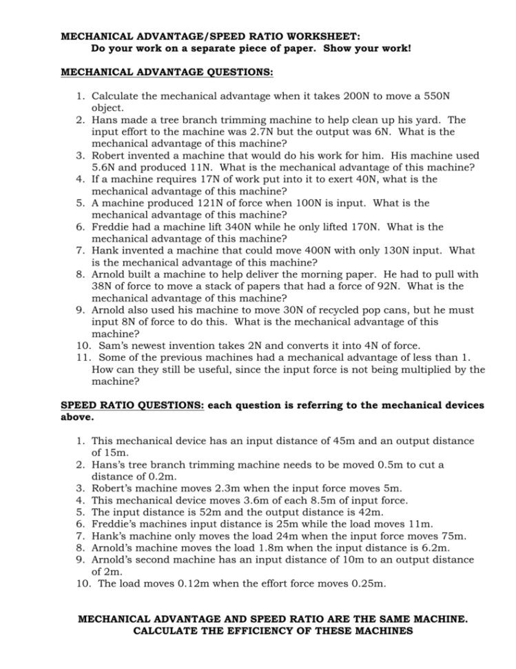 Mechanical Advantagespeed Ratio Worksheet