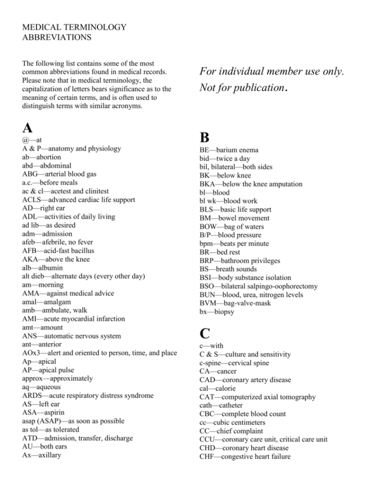 Medical Terminology Abbreviations The Following List Medical Terminology Abbreviations The Following List