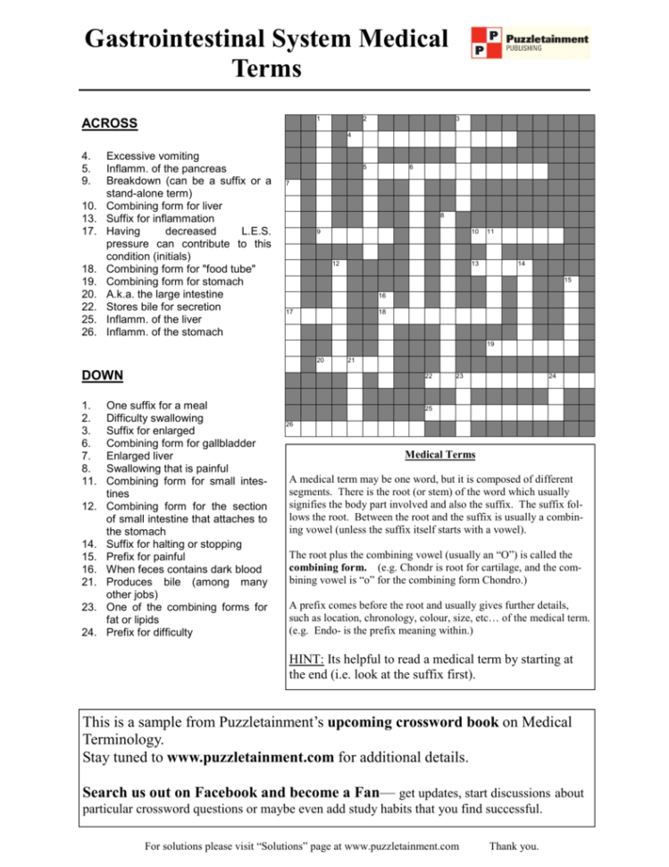 Medical Terminology Crossword Puzzle